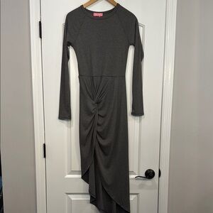 🔵 NWT LILLY’S KLOSET GRAY RIBBED FRONT KNOT LONG SLEEVE DRESS SIZE MEDIUM